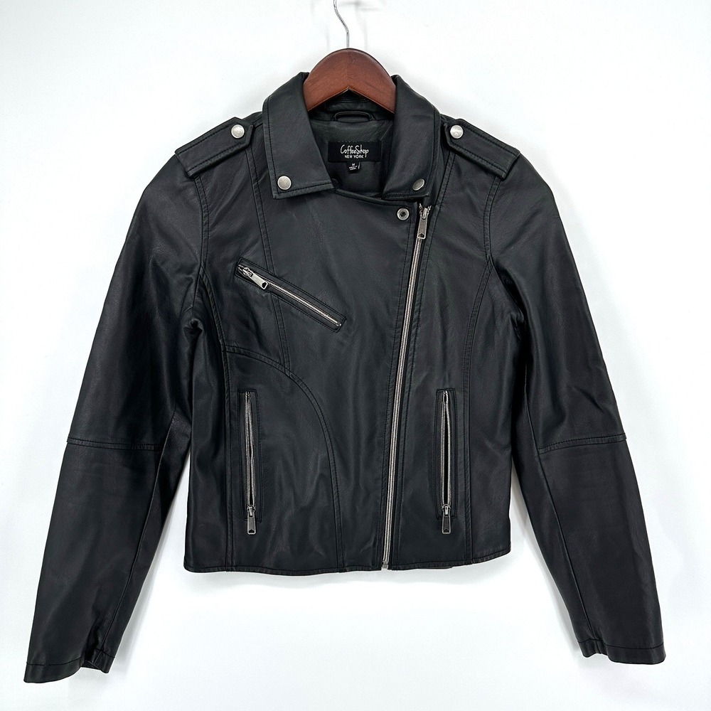 Coffee Shop New York Womens Black Snap & Zip Long Sleeve Stretch Moto Jacket M